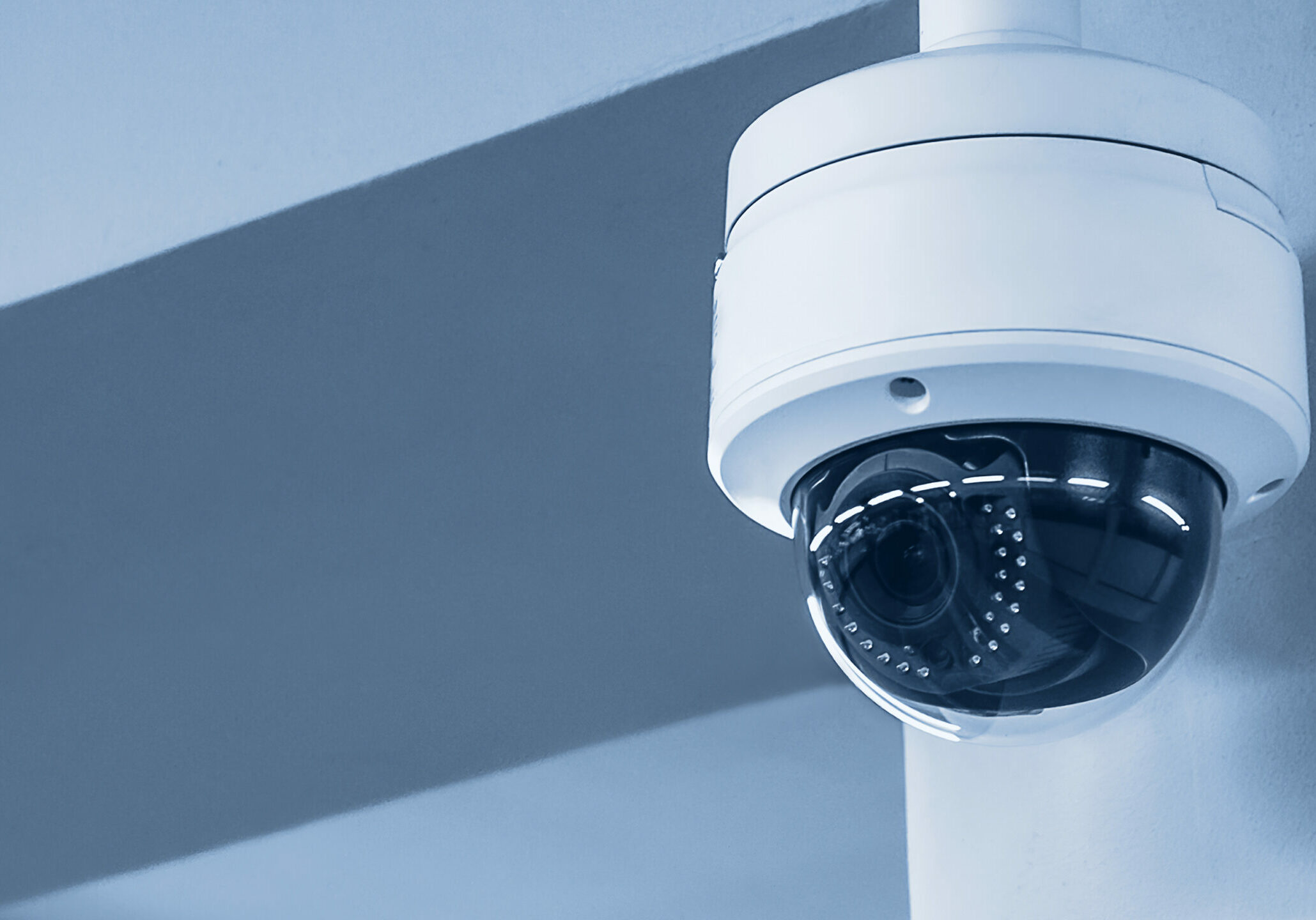 A review of surveillance cameras on white background. Security concept. Facial recognition. Program search for criminals